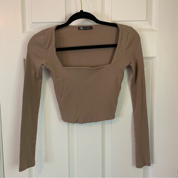 Zara Taupe Long Sleeve Ribbed Knit Crop Top, size S - Picture 7 of 7